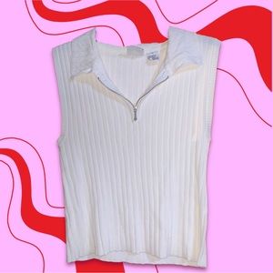 Vintage White, knit, zip up collared tank top